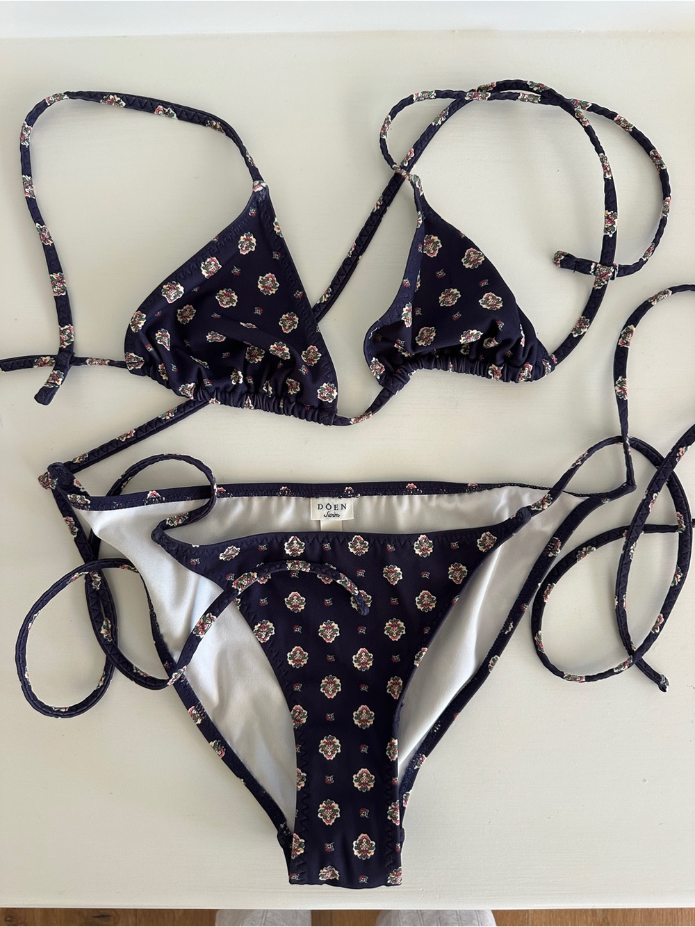 Doen Navy Floral Tie-String Triangle Bikini Set